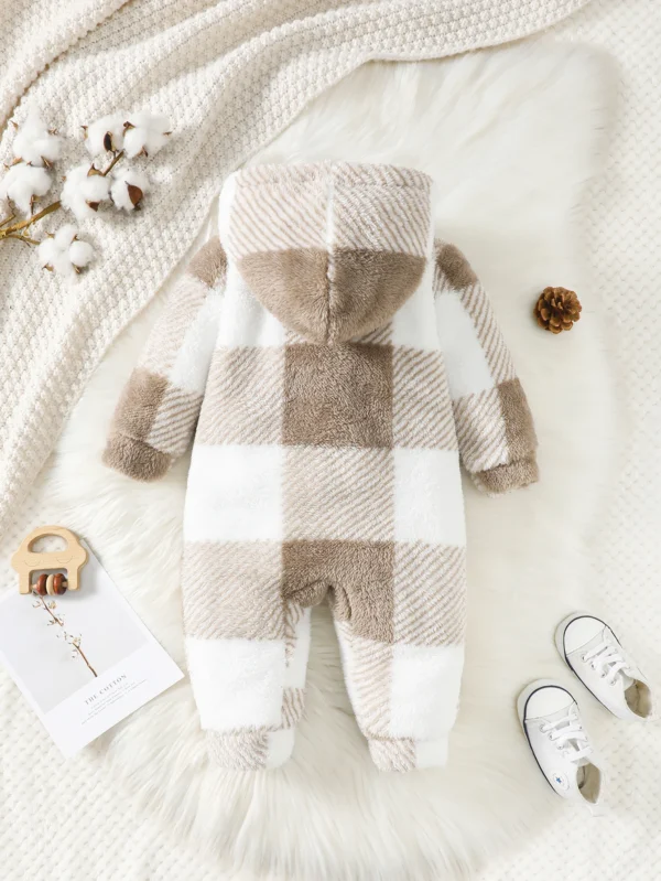 Baby Boys and Girls Plaid Romper Hooded Long Sleeved Plush Jumpsuit Winter Warm Bodysuit Clothes for 3-24 Months Toddler Boy - Image 6