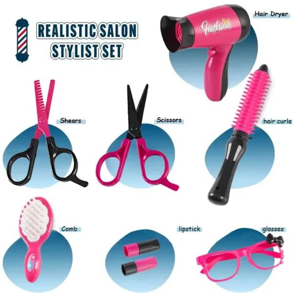 17pcs Girls Beauty Salon Set, Pretend Play Hair Cutting Kit, Hairdresser Toy With Hair Dryer, Scissors, Barber Apron And Stylin - Image 2