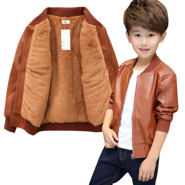 Boys Coats Autumn Winter Fashion Children's Plus Velvet / No Velvet Two styles Warming Cotton PU Leather Jacket For 1-11Y Kids - Image 3