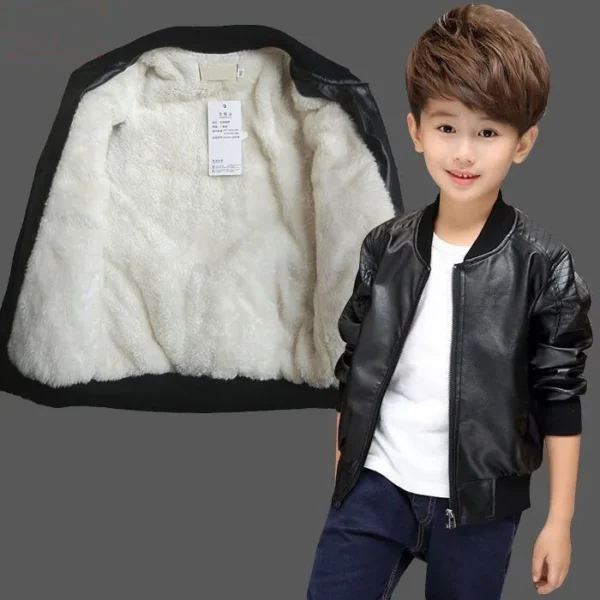 Boys Coats Autumn Winter Fashion Children's Plus Velvet / No Velvet Two styles Warming Cotton PU Leather Jacket For 1-11Y Kids - Image 2