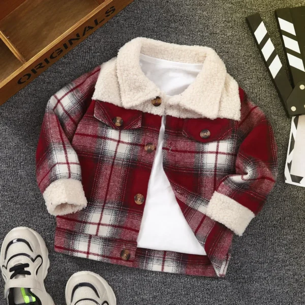 1-6 year old boys' spring and autumn style spliced fleece collar single breasted checkered versatile casual jacket - Image 2