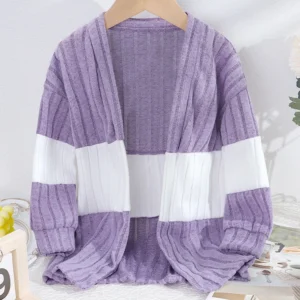 Girls Spring and Autumn Ribbed Contrast Color Splicing Knitted Cardigan Children's Fashionable and Versatile Thin Jacket