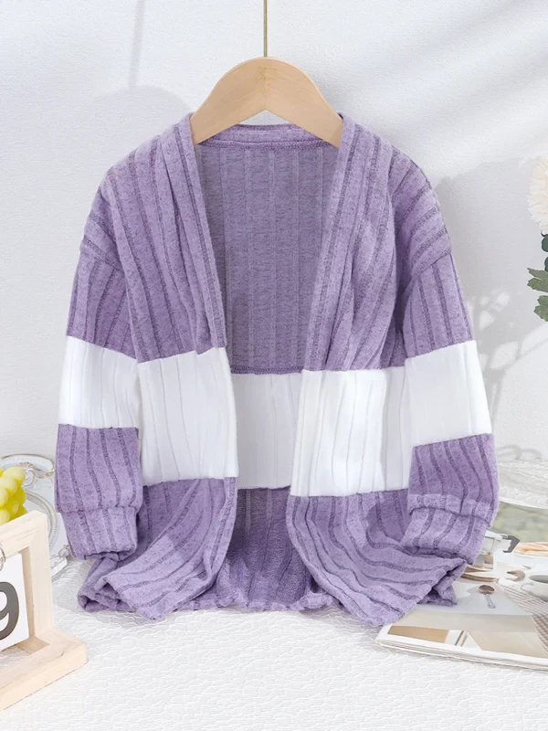 Girls Spring and Autumn Ribbed Contrast Color Splicing Knitted Cardigan Children's Fashionable and Versatile Thin Jacket