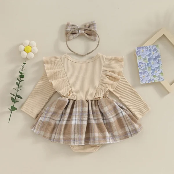 Infant Baby Girl 2Pcs Ruffle Bodysuits Cute Long Sleeve Plaid Skirt Romper with Headband Clothing Set Children Outerwear - Image 2
