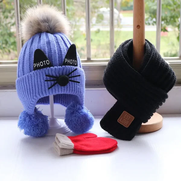 Autumn/Winter Baby hat and scarf set Children's thickened knitted wool hat around bib gloves Cute cat - Image 3