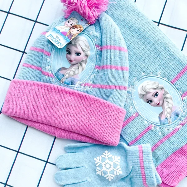 Disney New Autumn and Winter Cute Children Ice and snow Elsa Cartoon Scarf Hat glove three-piece Warm Boy Girl Child hat - Image 3