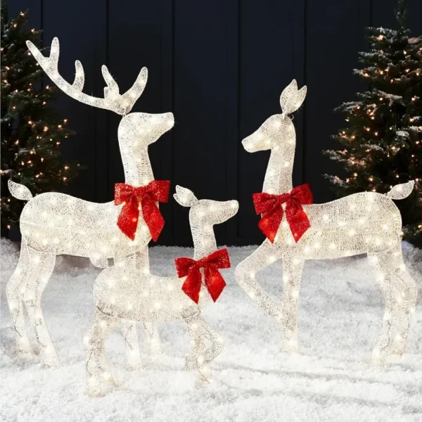 4-foot 3-piece Set of 2D Luminous Christmas Deer, Outdoor Reindeer Decoration, 175 LED Lights, Wooden Stakes, Zippers - White