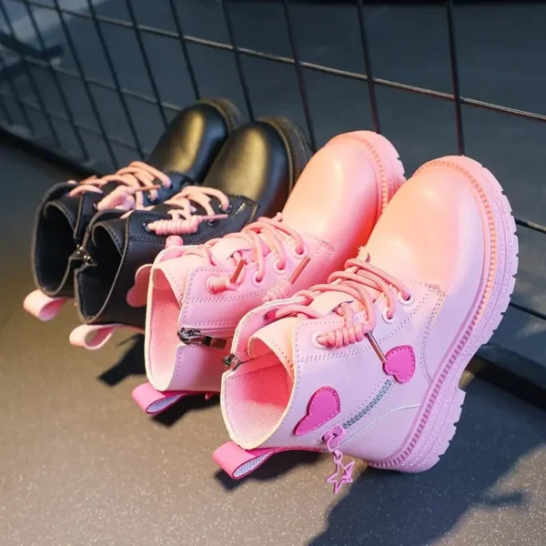 Girls Ankle Boots Fashion Princess PU Leather Rubber Outsole Children's Short Boots Autumn Winter Zipper Pink with Love Heart - Image 2