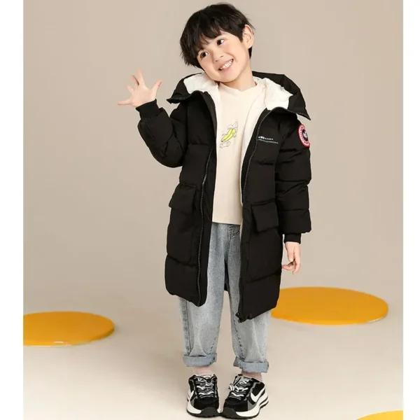 Winter New Teen Boys Jacket Long Style Solid Color Thick Keep Warm Hooded Windbreaker For 3-10 Years Kids Down Cotton Outwear - Image 3