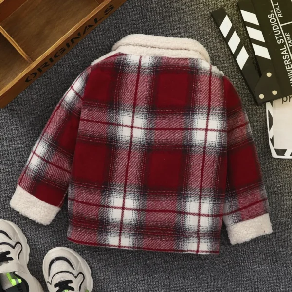1-6 year old boys' spring and autumn style spliced fleece collar single breasted checkered versatile casual jacket - Image 3