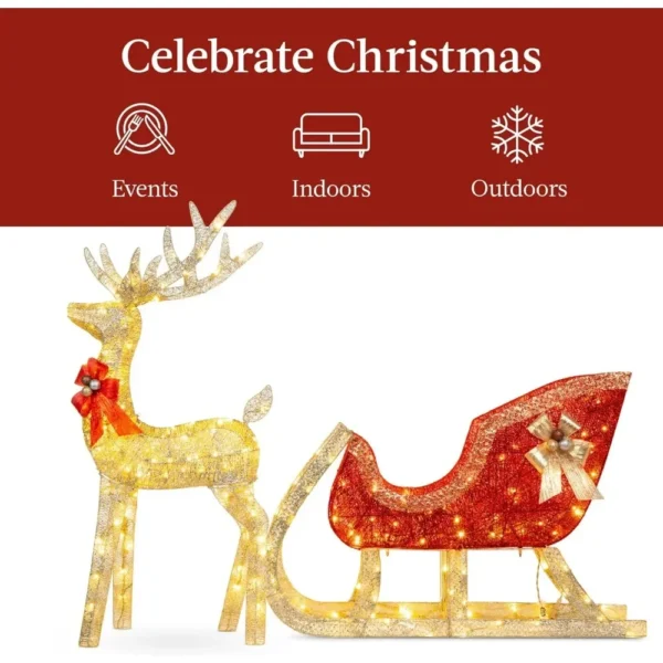 Lighted Christmas 4ft Reindeer & Sleigh Outdoor Yard Decoration Set w/ 205 LED Lights, Stakes, Zip Ties - Gold - Image 3