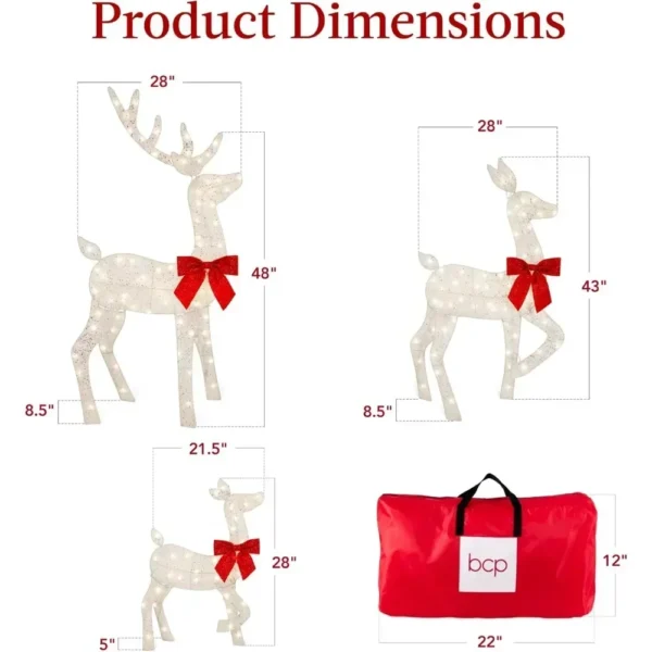 4-foot 3-piece Set of 2D Luminous Christmas Deer, Outdoor Reindeer Decoration, 175 LED Lights, Wooden Stakes, Zippers - White - Image 2