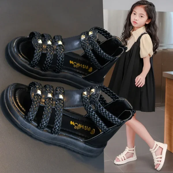 Girls Roman Sandals Open Toe Braided Solid Color High-top Simple Rivets New Summer Hollow Flat Casual Shoes Kids Fashion Casual - Image 4