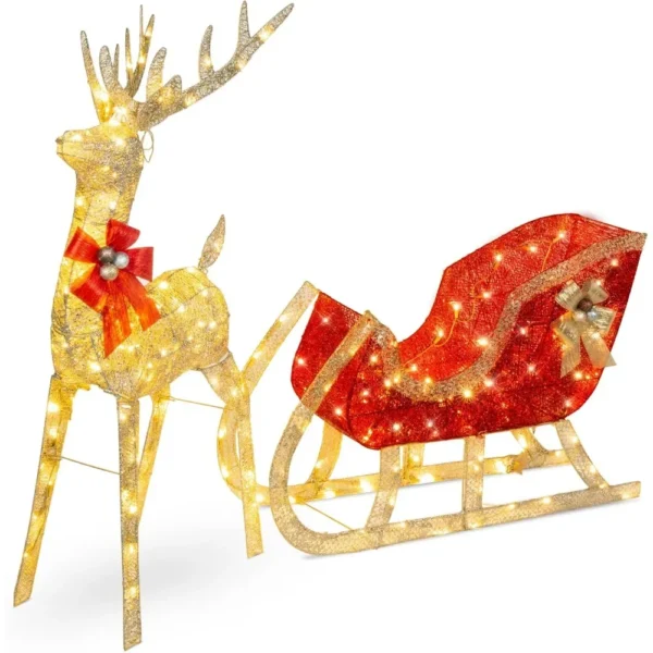 Lighted Christmas 4ft Reindeer & Sleigh Outdoor Yard Decoration Set w/ 205 LED Lights, Stakes, Zip Ties - Gold - Image 2