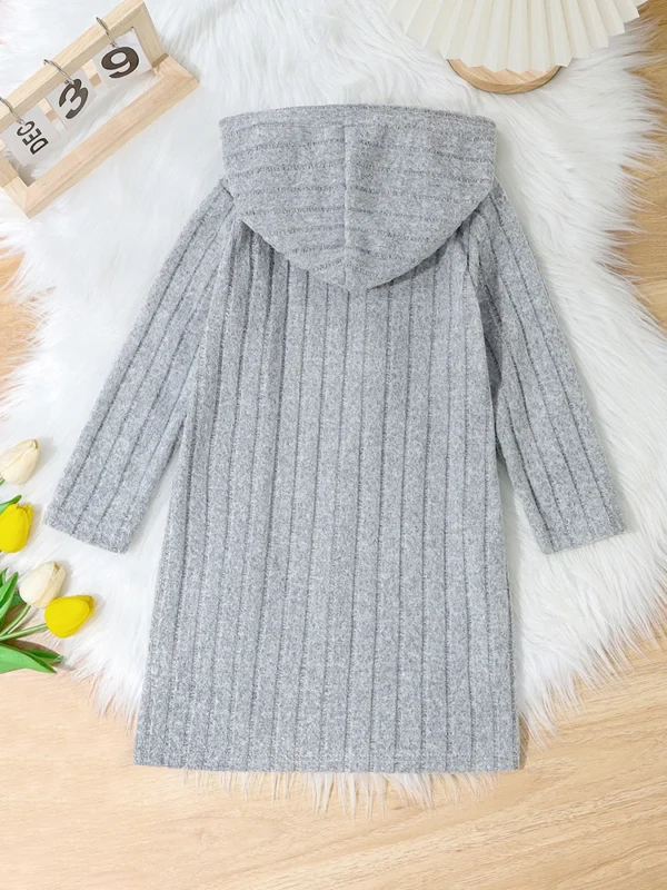 Girls Solid Color Striped Hooded Long Sleeve Coat - Image 2