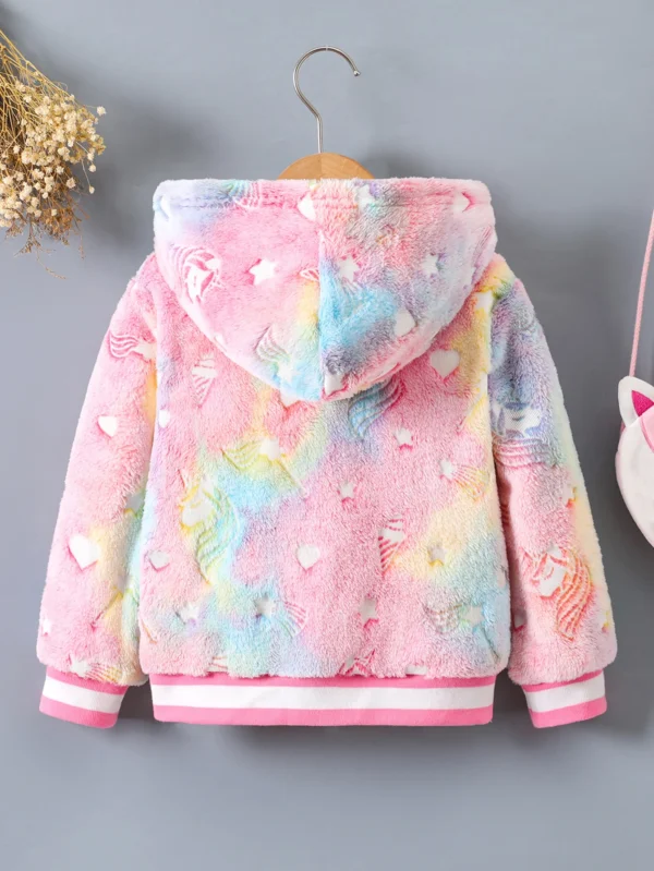 Girls' autumn and winter cute unicorn pattern glow-in-the-dark plush splicing intercolored ribbed fashion simple plush coat - Image 2
