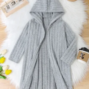 Girls Solid Color Striped Hooded Long Sleeve Coat
