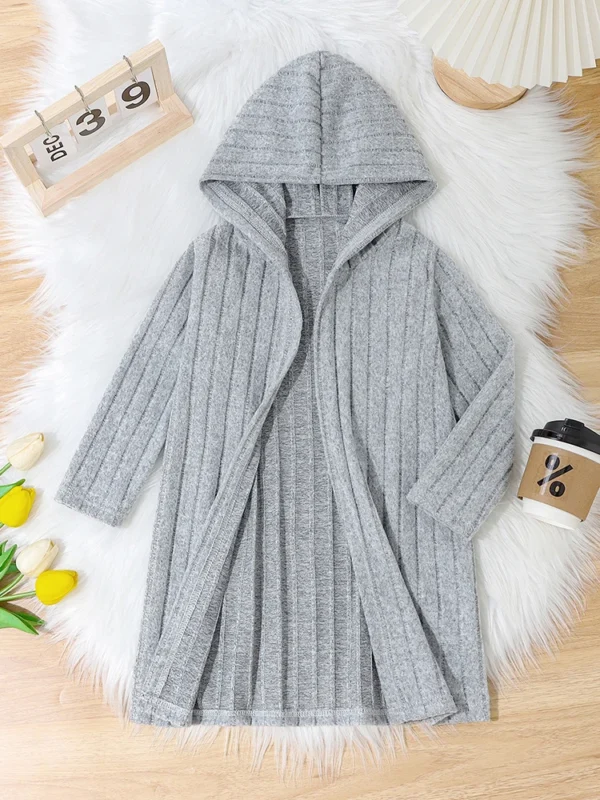 Girls Solid Color Striped Hooded Long Sleeve Coat