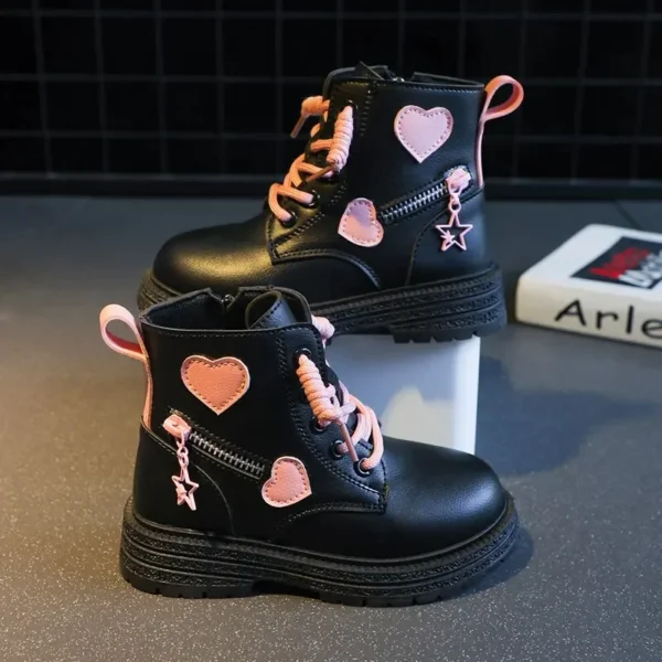 Girls Ankle Boots Fashion Princess PU Leather Rubber Outsole Children's Short Boots Autumn Winter Zipper Pink with Love Heart - Image 6