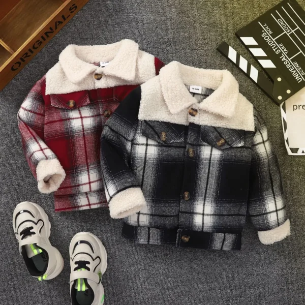 1-6 year old boys' spring and autumn style spliced fleece collar single breasted checkered versatile casual jacket