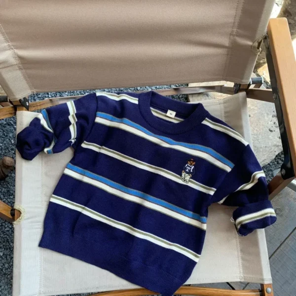 Children's Cute Bear Sweater Autumn and Winter 2023 Baby Striped Pullover Bottoming Shirt Boy Girl Cartoon Fashion Soft Sweaters - Image 5