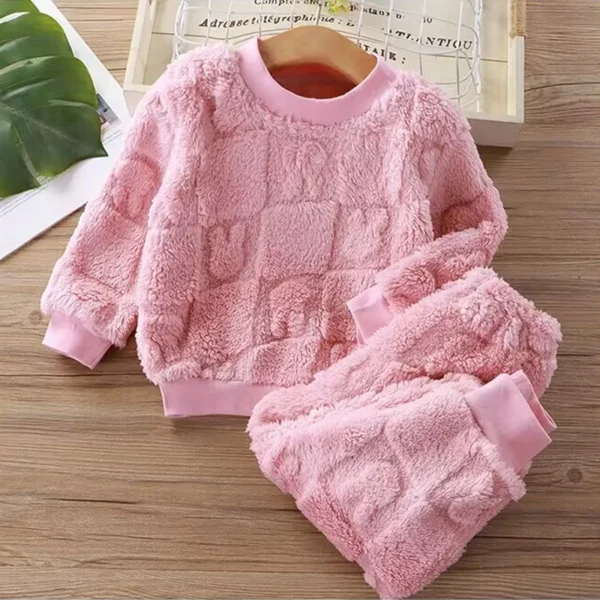 Autumn and Winter Flannel Children's Package Solid Color Boys' Plush Thickened Home Fur Girls' Warm Sleepwear Set - Image 2