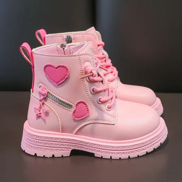 Girls Boots Kids Fashion Rubber Boots Cool Girl Autumn and Winter Cotton Soft Sole Pink with Love Side Zip Princess Round-toe PU - Image 3