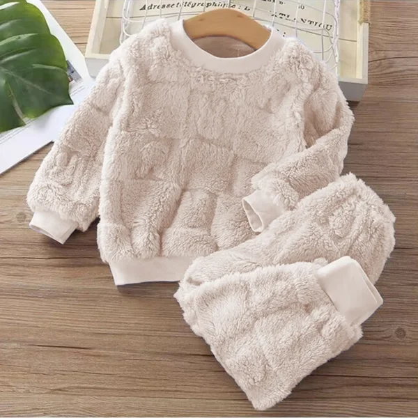 Autumn and Winter Flannel Children's Package Solid Color Boys' Plush Thickened Home Fur Girls' Warm Sleepwear Set - Image 4