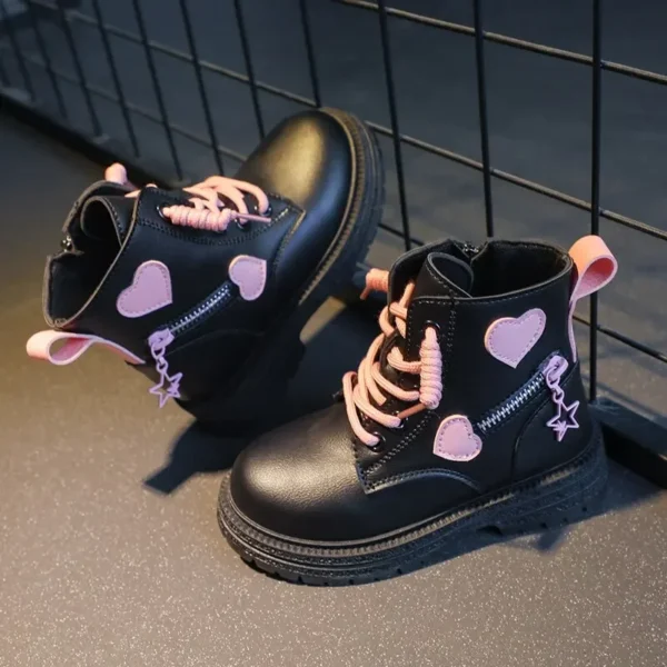 Girls Ankle Boots Fashion Princess PU Leather Rubber Outsole Children's Short Boots Autumn Winter Zipper Pink with Love Heart - Image 5