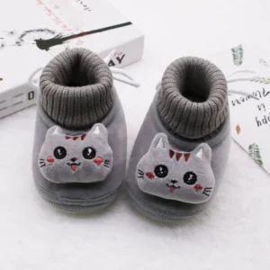 Baby Non-Slip Snow Boots Soft Soled Casual Children'S Shoes Ribbed Knit Stitching Cartoon Cat Decorative Toddler Shoes