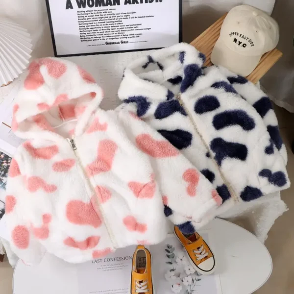 Girls Hooded Plush Jacket Big Children Autumn Winter Keep Warm Outerwear Fashion Princess Christmas Clothes Kids Cute Cow Coat - Image 2