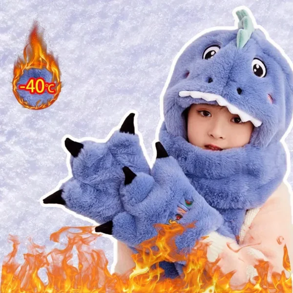 New Children's Cartoon Dinosaur Hat Winter Padded and Thickened Warm Plush Scarf Hat Gloves Scarf Warm Three-piece Set - Image 2