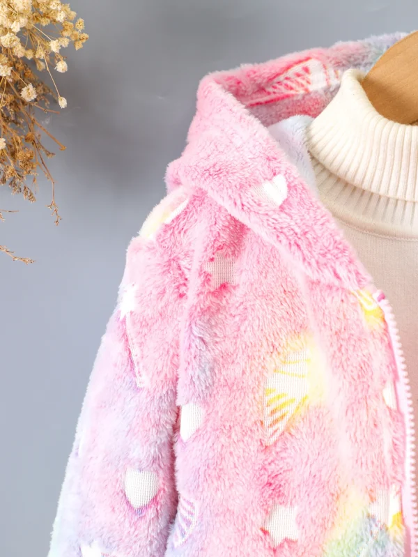 Girls' autumn and winter cute unicorn pattern glow-in-the-dark plush splicing intercolored ribbed fashion simple plush coat - Image 4