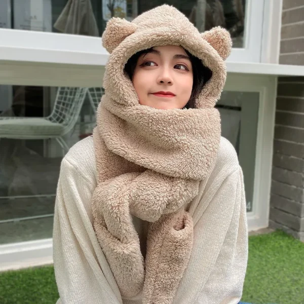 Little Bear Hat Plush Scarf Women's Winter Cute Winter Gloves Three Piece Hooded One Piece Ear Protector Neck Insulation - Image 2