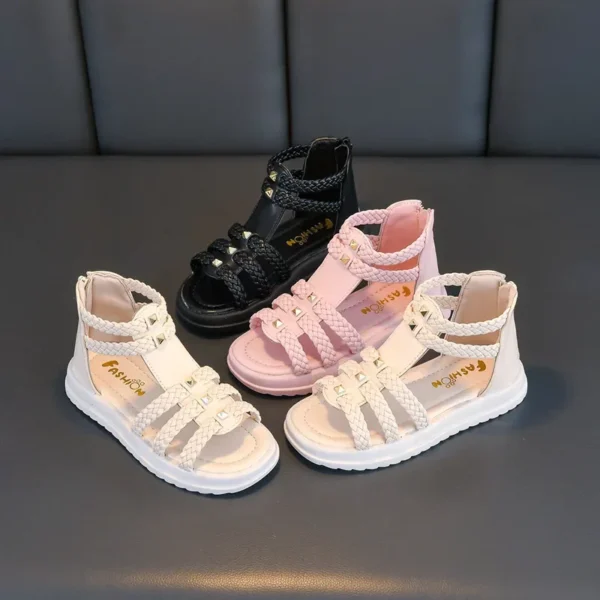 Girls Roman Sandals Open Toe Braided Solid Color High-top Simple Rivets New Summer Hollow Flat Casual Shoes Kids Fashion Casual - Image 2
