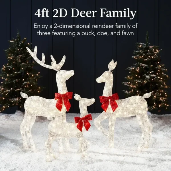 4-foot 3-piece Set of 2D Luminous Christmas Deer, Outdoor Reindeer Decoration, 175 LED Lights, Wooden Stakes, Zippers - White - Image 3