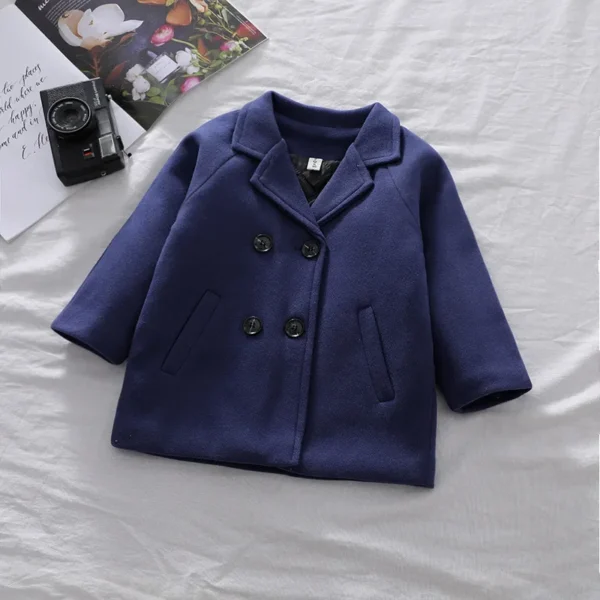 Autumn Winter Boys Fashion Jacket Solid Color Lapel Double-Breasted Long Woollen Overcoat For 2-6 Years Boys Handsome Outwear - Image 3