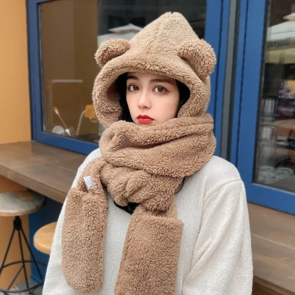 Little Bear Hat Plush Scarf Women's Winter Cute Winter Gloves Three Piece Hooded One Piece Ear Protector Neck Insulation - Image 6