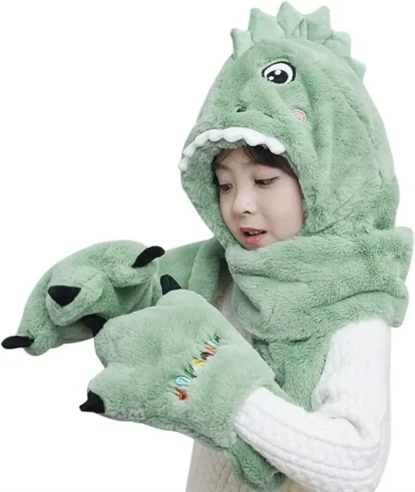 New Children's Cartoon Dinosaur Hat Winter Padded and Thickened Warm Plush Scarf Hat Gloves Scarf Warm Three-piece Set - Image 6