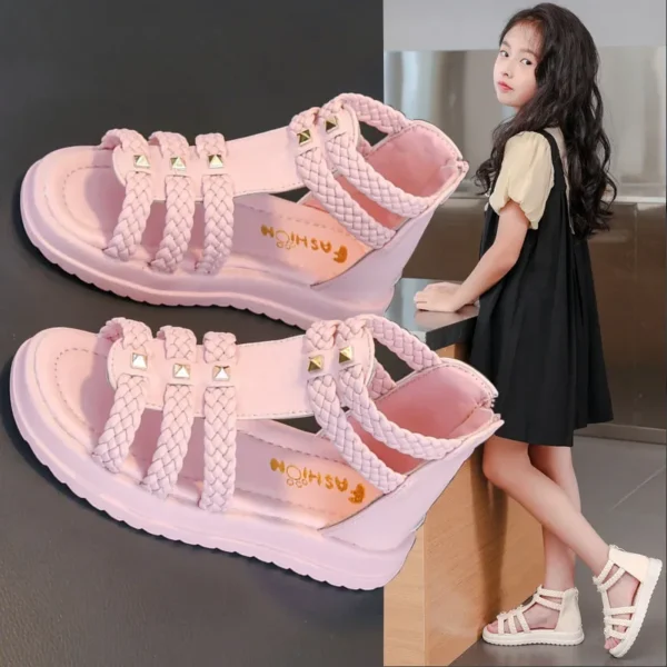 Girls Roman Sandals Open Toe Braided Solid Color High-top Simple Rivets New Summer Hollow Flat Casual Shoes Kids Fashion Casual - Image 5