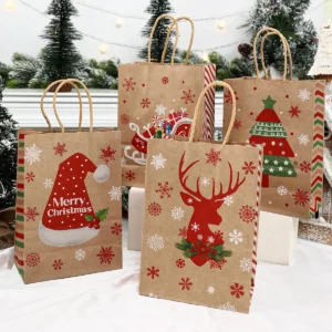 Christmas Kraft Paper Gift Bags Xmas Candy Cookies Gift Tote Bag Christmas Decoration 2024 for Home Navidad Noel New Year 2025