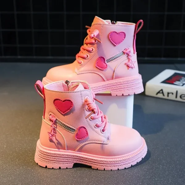 Girls Ankle Boots Fashion Princess PU Leather Rubber Outsole Children's Short Boots Autumn Winter Zipper Pink with Love Heart - Image 3