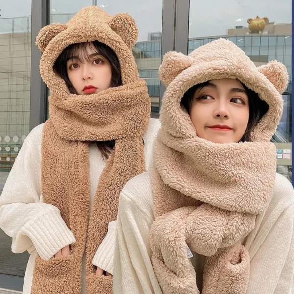 Little Bear Hat Plush Scarf Women's Winter Cute Winter Gloves Three Piece Hooded One Piece Ear Protector Neck Insulation