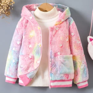Girls' autumn and winter cute unicorn pattern glow-in-the-dark plush splicing intercolored ribbed fashion simple plush coat