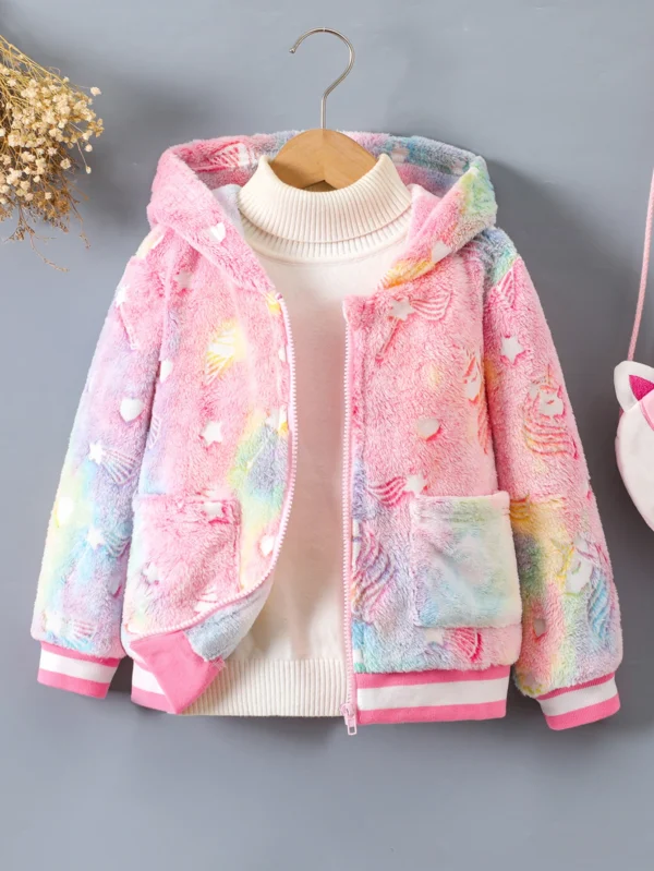 Girls' autumn and winter cute unicorn pattern glow-in-the-dark plush splicing intercolored ribbed fashion simple plush coat