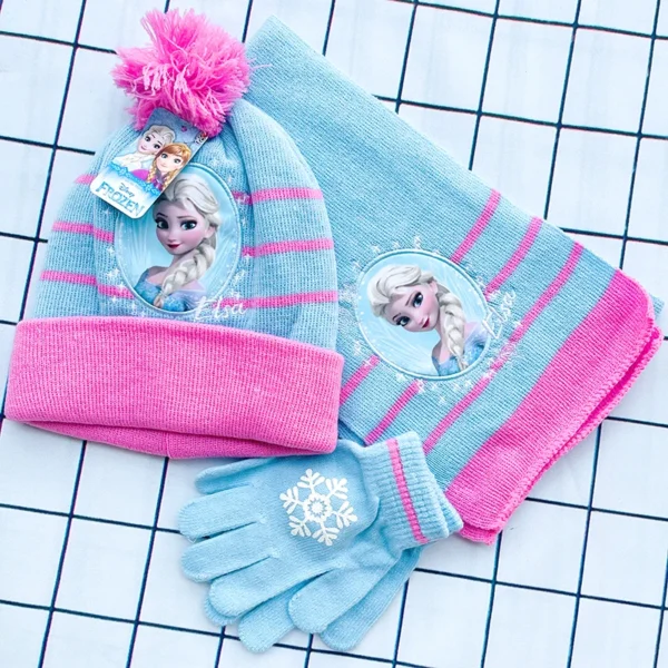 Disney New Autumn and Winter Cute Children Ice and snow Elsa Cartoon Scarf Hat glove three-piece Warm Boy Girl Child hat - Image 2