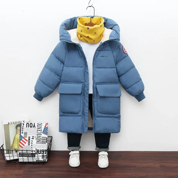 Winter New Teen Boys Jacket Long Style Solid Color Thick Keep Warm Hooded Windbreaker For 3-10 Years Kids Down Cotton Outwear - Image 5