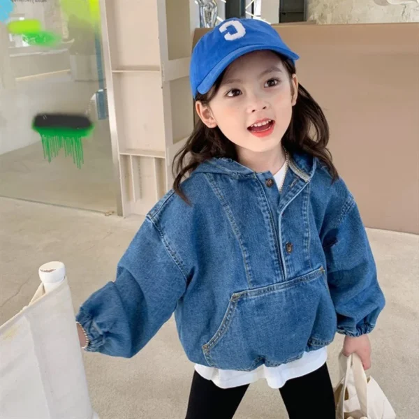3443C Girl Cowboy Hooded Jacket Autumn New Korean Zipper Hooded Jacket Girl's Denim Coat 2-9Year Kid's Coat Outerwear