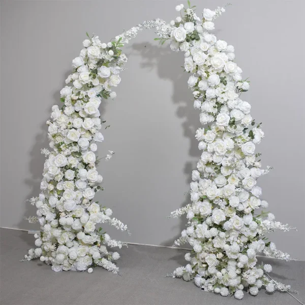 Luxury Horn Shape Arch with White Rose Floral Arrangement Wedding Backdrop Decoration Artificial Flower Row Stage Diaplay Decor