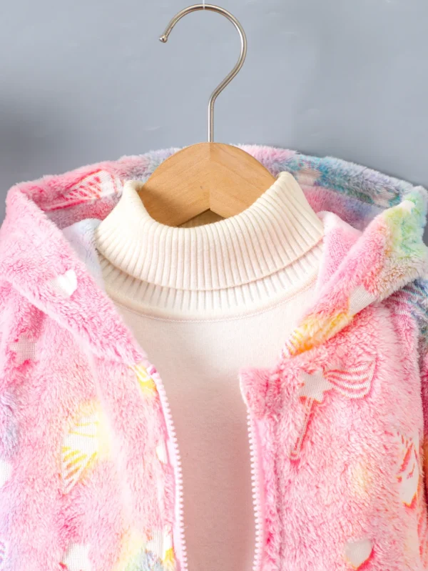 Girls' autumn and winter cute unicorn pattern glow-in-the-dark plush splicing intercolored ribbed fashion simple plush coat - Image 3